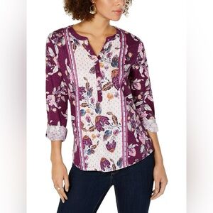 367M NWT Style & Co Women's Vivid Violet Floral 3/4 Sleeve Henley Top - Size PL